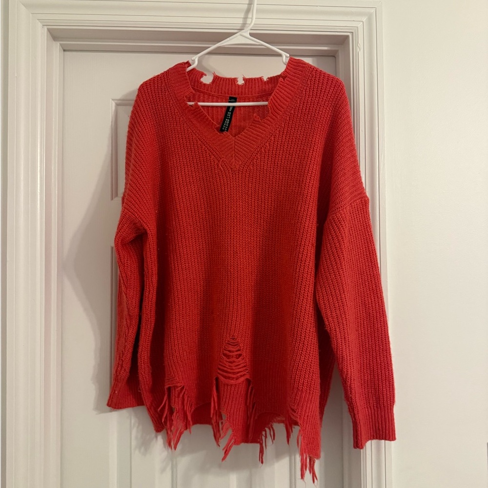 Pink Distressed V-Neck Sweater